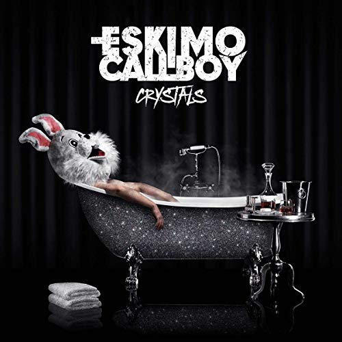 CD cover: rabbit in bathtub with microphone, crystals, and drinks.