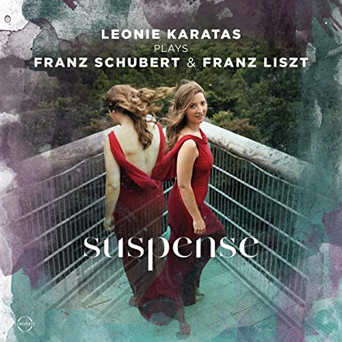CD cover featuring pianist Leonie Karatas in a red dress.