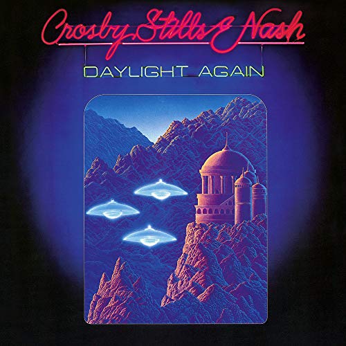 Daylight Again" album cover: mountains, a building, and three flying saucers.