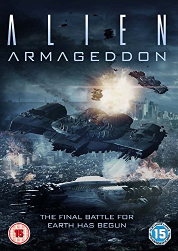 DVD cover for "Alien Armageddon" showing spaceships attacking a city.