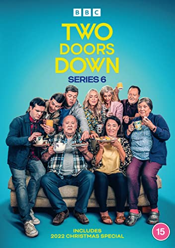 Cast of Two Doors Down Series 6 sitting on a sofa against blue background.