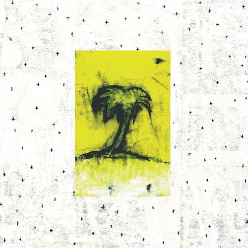 Yellow and black painting of a palm tree on textured background.