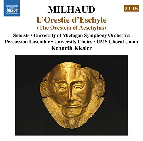 CD cover for Milhaudās āLāOrestie dāEschyleā featuring a golden mask.