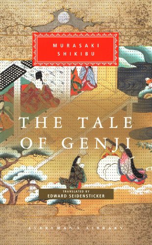Book cover for The Tale of Genji featuring traditional Japanese art and gold background.