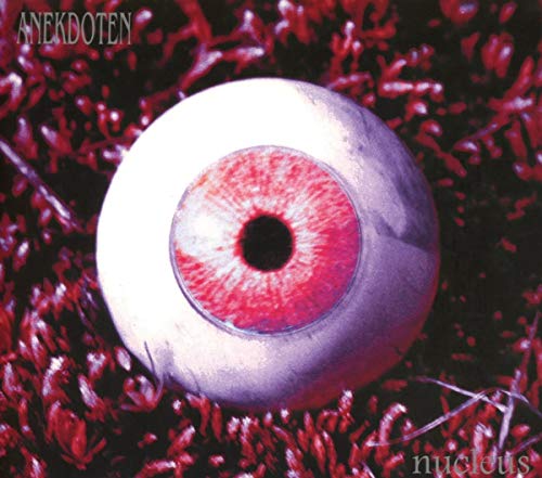 A large human eye centered against a textured, dark red background.