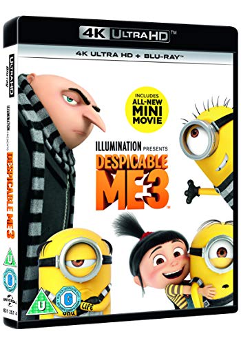 Despicable Me 3" Blu-ray cover featuring Gru, Minions, and a young girl.