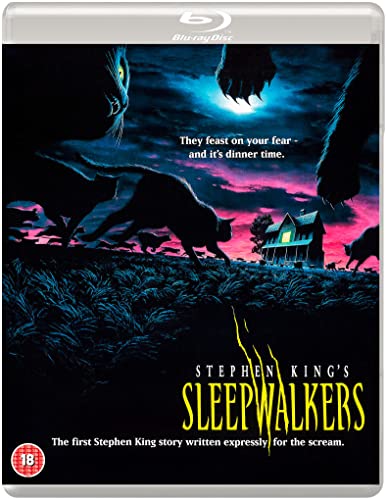 Blu-ray cover for Stephen King's Sleepwalkers featuring silhouettes of cats against a moonlit sky.