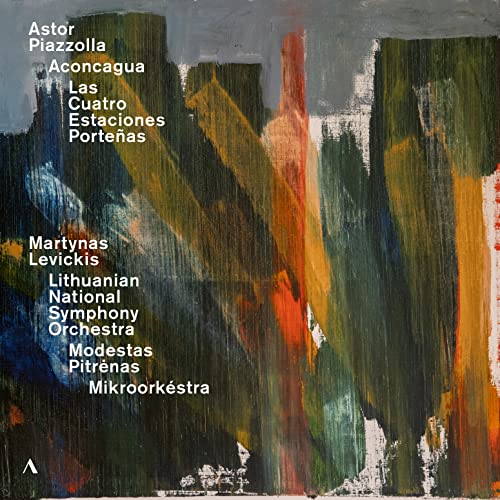 CD cover for Astor Piazzolla’s “Aconcagua, Las Cuatro Estaciones Porteñas” with abstract art.