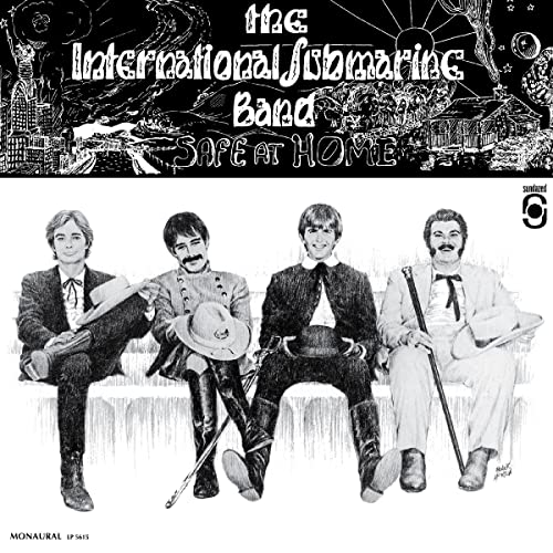 Black and white album cover featuring four men and detailed illustration.