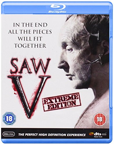 Saw V Blu-ray cover featuring a man with staples in his face.