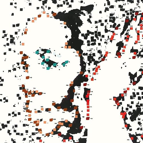 Abstract portrait of Cesaria Evora in black, red, and orange dots.
