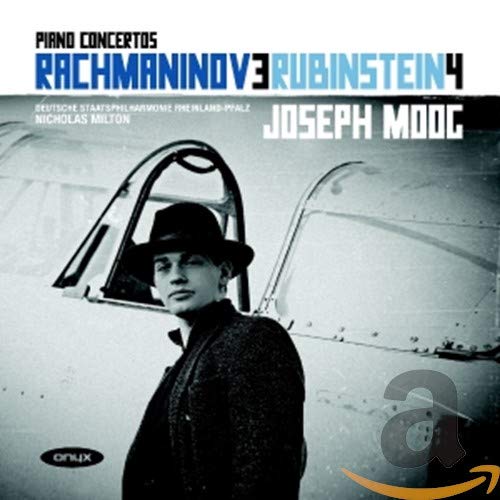 CD cover featuring pianist Joseph Moog and portrait of Arthur Rubinstein.