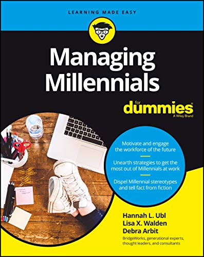 Book cover: "Managing Millennials for Dummies" with workspace image.