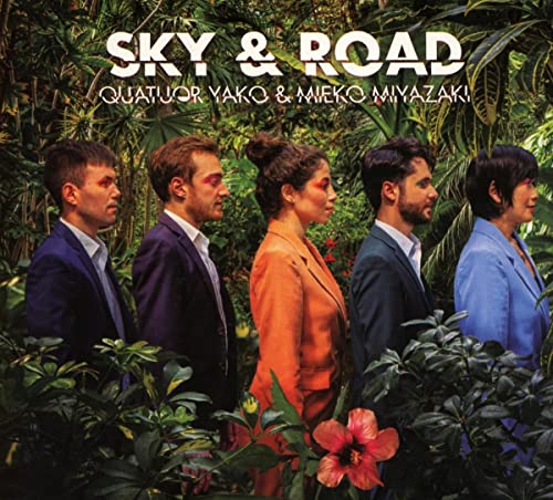 CD cover featuring five people in formal wear amidst lush greenery.