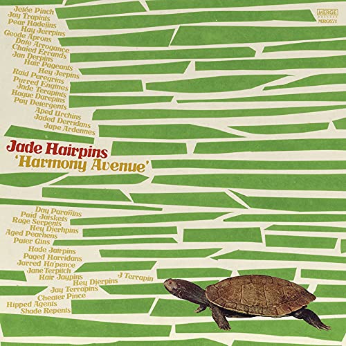 Vinyl record cover for "Jade Hairpins - Harmony Avenue" with a turtle.