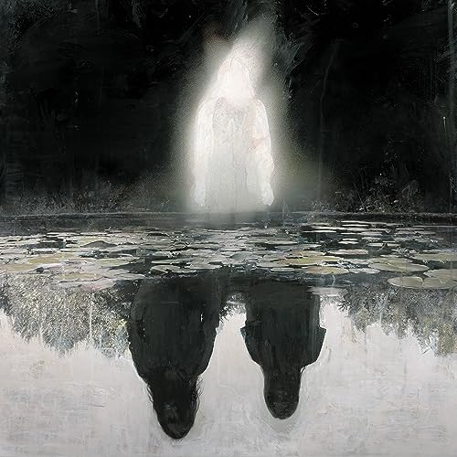Dark, painted image of a figure in water with a bright reflection.