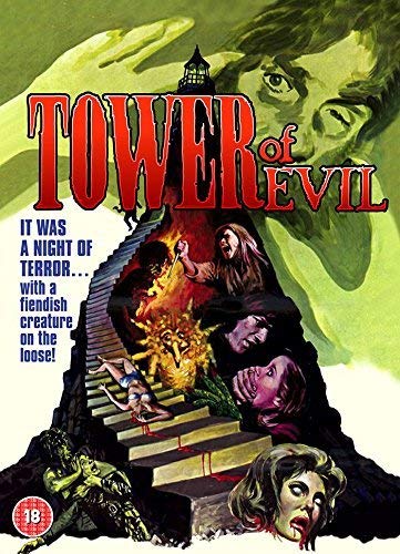 Horror movie poster: people in peril on a spiral staircase.