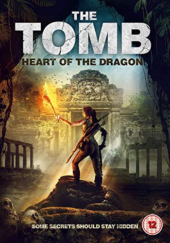 Woman holds torch on rocky outcrop, ancient temple and skulls in background.