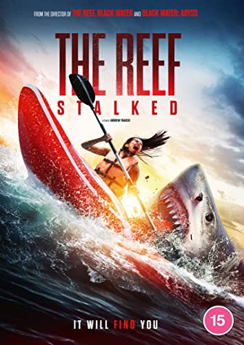 DVD cover for "The Reef: Stalked" showing a kayak and shark attack.