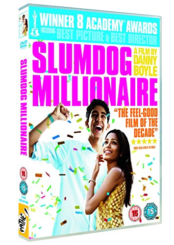 Slumdog Millionaire" DVD cover featuring two young people amidst confetti.