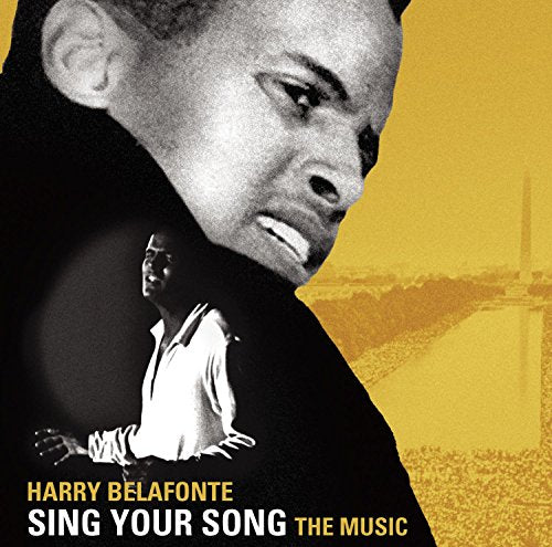 Harry Belafonte album cover, black and white portrait with yellow background.