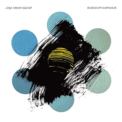 Album cover art with blue circles surrounding a central black brushstroke and yellow sun.