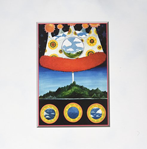 Vinyl record cover: surreal landscape with suns, island, and circular windows.