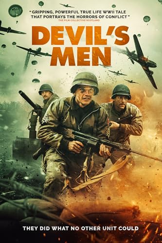 WWII soldiers with weapons, dramatic sky, DVD cover for "Devil's Men".