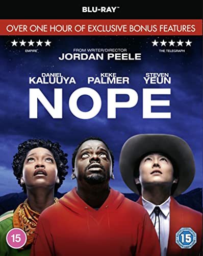 Blu-ray cover for the film Nope featuring three actors looking upward against dark sky.