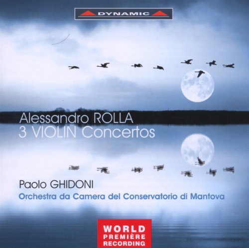 CD cover: moonlit water, birds in flight, text “Rolla: 3 Violin Concertos”.
