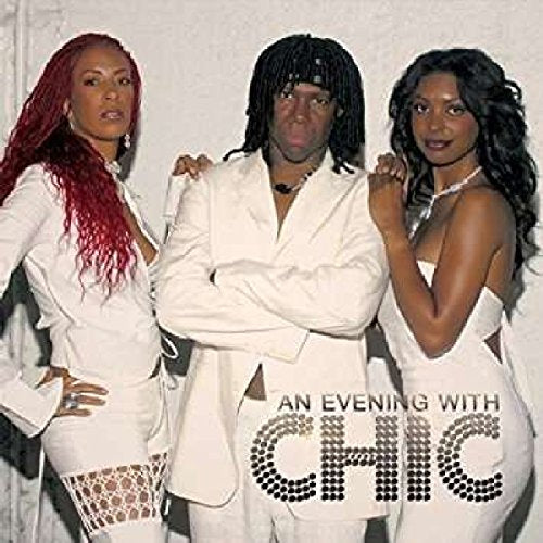 Chic band members in white outfits, with album title overlayed.