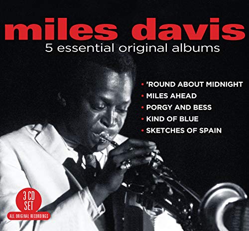 Black and white photo of Miles Davis playing trumpet on a 3 CD set cover.