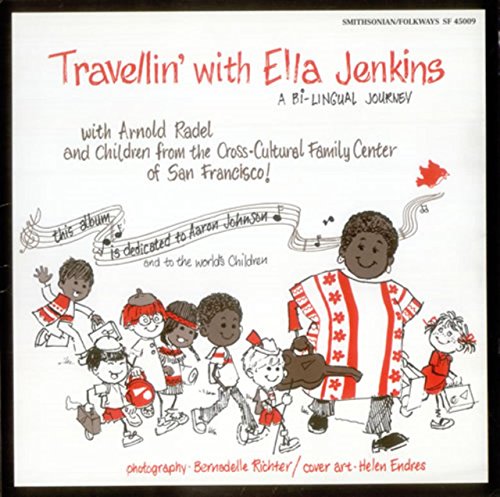 Vinyl album cover: "Travellin' with Ella Jenkins," featuring children’s illustrations.