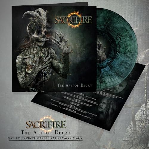 Sacrifire album cover featuring a decaying figure and marbled vinyl record.