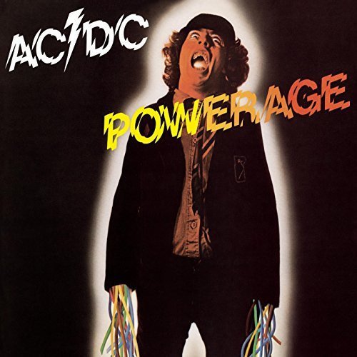 AC/DC Powerage album cover featuring Angus Young with colorful wires hanging from his hands.