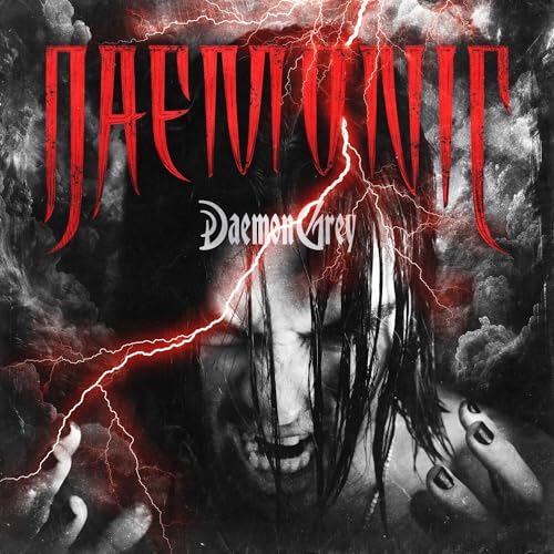 CD cover: stormy sky, obscured face with lightning, red text "Daemon Grey".