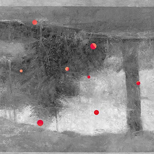 Abstract grey and white textured background with scattered red circles.