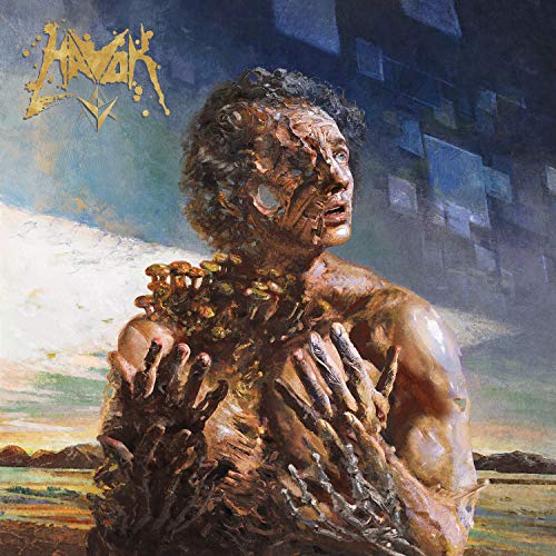Havok album cover: painting of a distressed man with plant growth.