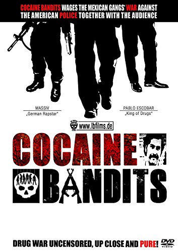 DVD cover for Cocaine Bandits featuring silhouettes of armed men and Pablo Escobar’s portrait.