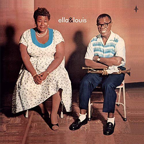 Ella Fitzgerald and Louis Armstrong seated, album cover with text "ella & louis".