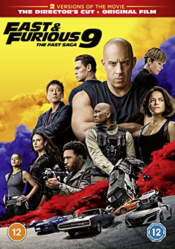 DVD cover for Fast & Furious 9 featuring the cast and several sports cars.