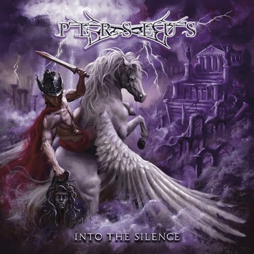 Warrior on winged horse before ruins, album cover for Perseus.