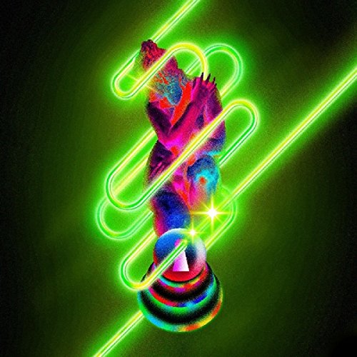 Abstract colorful album cover with neon green lines and a central figure.