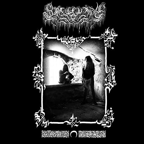 Black and white CD cover with ornate frame and figures in a tunnel.