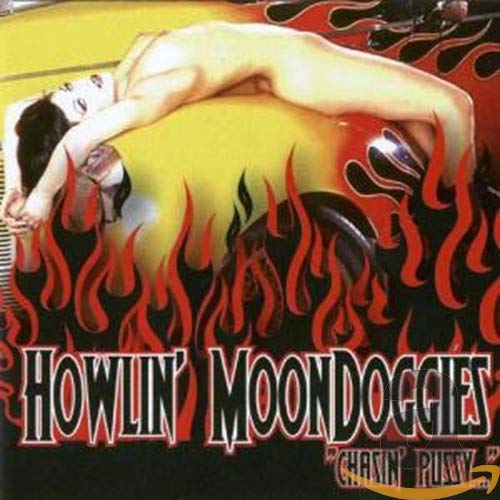 CD cover with a woman reclining on a yellow motorcycle with flames.