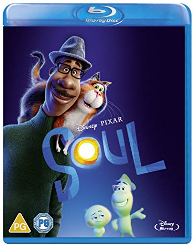 Blu-ray cover for Disney Pixar’s *Soul* featuring characters and title.