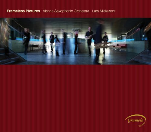 CD cover with blurred musicians on stairs and red striped background.