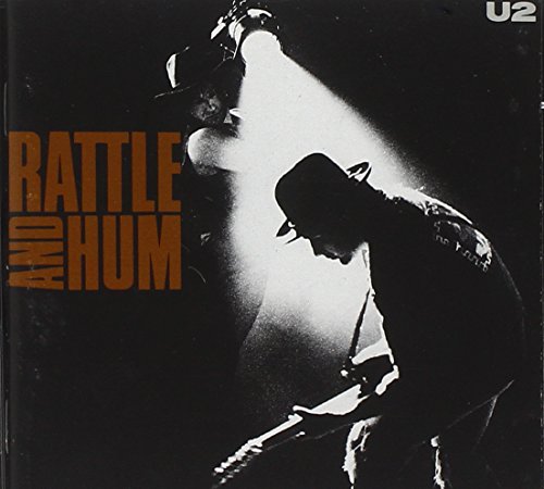 U2’s “Rattle and Hum” CD cover: black and white photo of musicians.