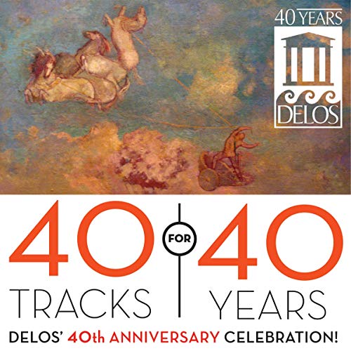 CD cover for "Delos 40th Anniversary" with classical artwork and text.