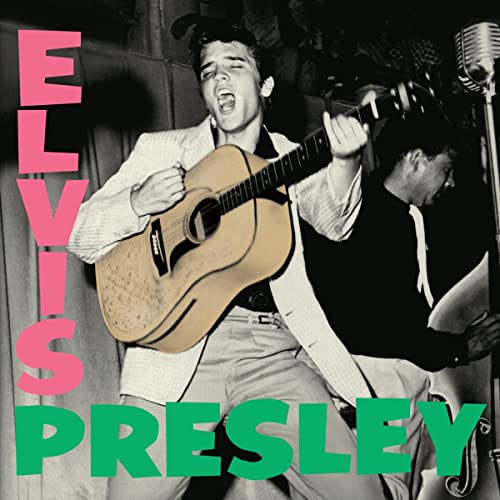 Elvis Presley playing guitar with a bassist, featuring large pink and green text overlay.